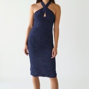 New Bardot Riviera Navy Lace Crisscross Corset Midi Dress 6 Wedding Guest
